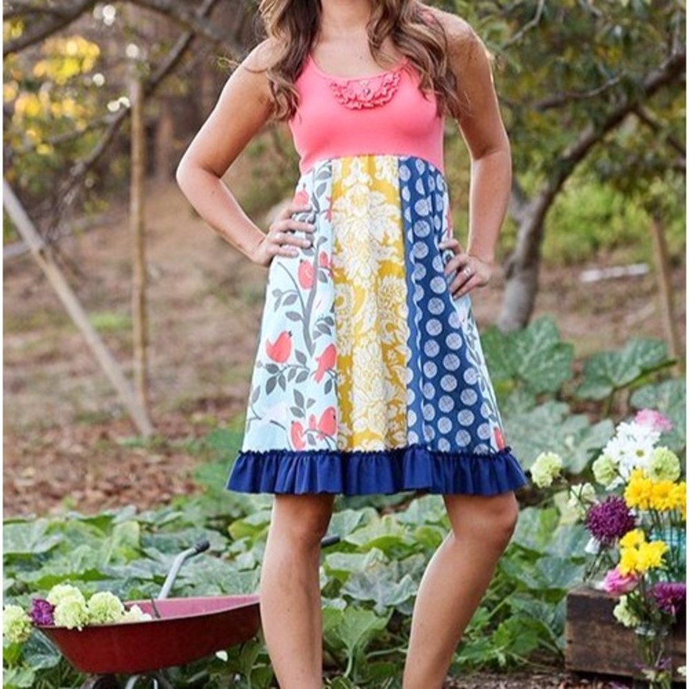 NWT GIGGLE MOON Multicolor PATCHWORK BIRDS DAMASK POLKA-DOT Dress GIRLS M